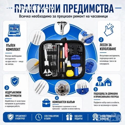 Професионален часовникарски комплект за ремонт на часовници инструмент за отваряне отвертки пинсети, снимка 3 - Отвертки - 50976197
