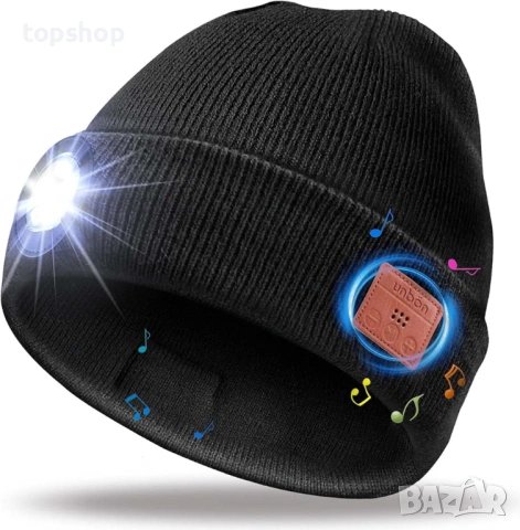 Чисто нова Зимна шапка UNBON с Bluetooth 5.4 слушалки и LED челник, Черна