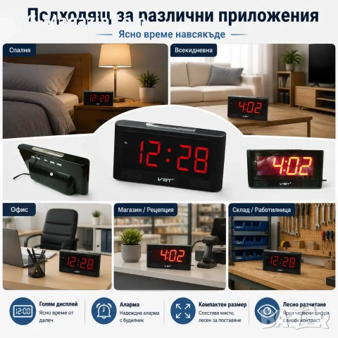 Дигитален настолен часовник с големи цифри за спалня офис дома на ток електронен светещ голям, снимка 6 - Други - 51038227