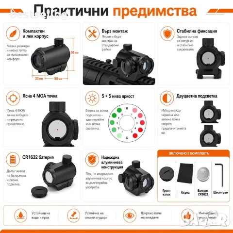 Малък тактически мерник бързомер 1х20 бързо закрепване пистолет пушка, снимка 3 - Оборудване и аксесоари за оръжия - 35888258