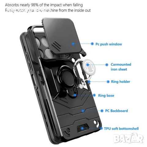ZTE Blade A56 калъф – PC+TPU, плъзгаща се защита на камерата, подставка, протектор, 2 цвята, снимка 3 - Калъфи, кейсове - 54640784