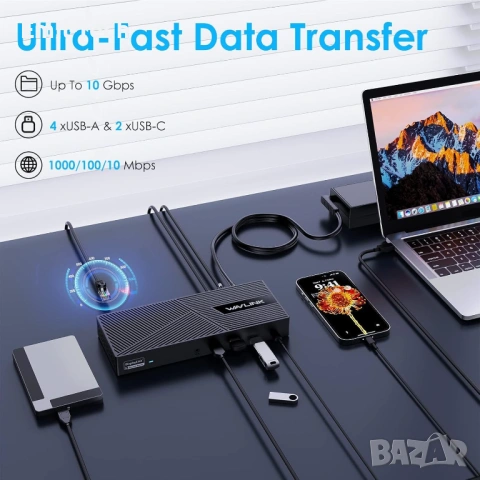 WAVLINK 15-в-1 USB-C Docking Station – Triple Display, 100W PD, HDMI/DP, снимка 7 - Рутери - 54780844