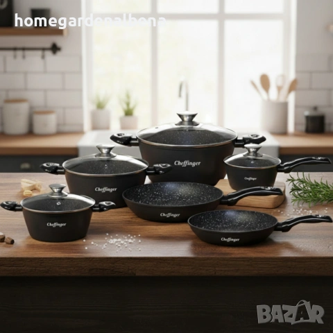 Комплект съдове за готвене Cheffinger 10 части мраморно покритие тенджери тигани