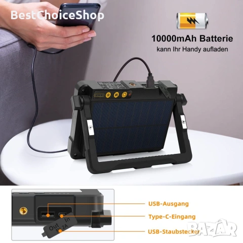 Соларна LED лампа за къмпинг, строителна, 10 W LED, 4 режима, USB зареждане, снимка 8 - Друга електроника - 54962483