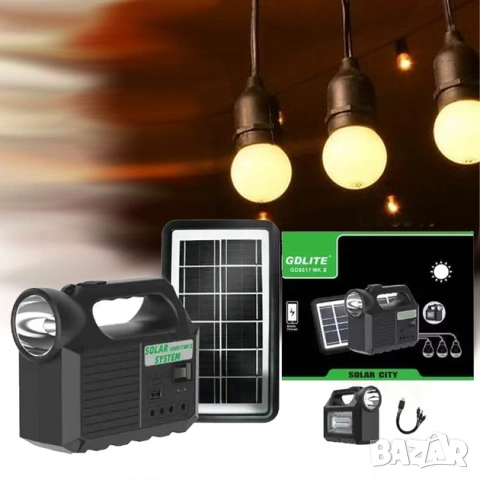 Комплект соларен фенер GD Lite GD-8017, 3 крушки, Преносим соларен панел, снимка 2 - Къмпинг осветление - 54818451