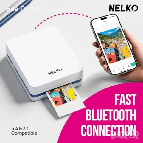 Нов Портативен цветен принтер за снимки стикери Nelko PP01 iOS Android самозалепваща хартия 60 листа, снимка 2 - Принтери, копири, скенери - 55303674