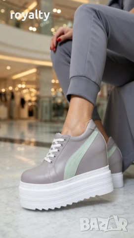 Кецове на платформа - сиви със зелена лента, снимка 4 - Кецове - 54028868