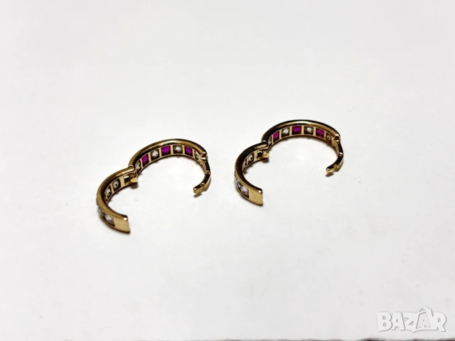 Златни Обеци 1,85 грама 14K(проба 585) с бели и розови циркони, снимка 7 - Обеци - 54939763
