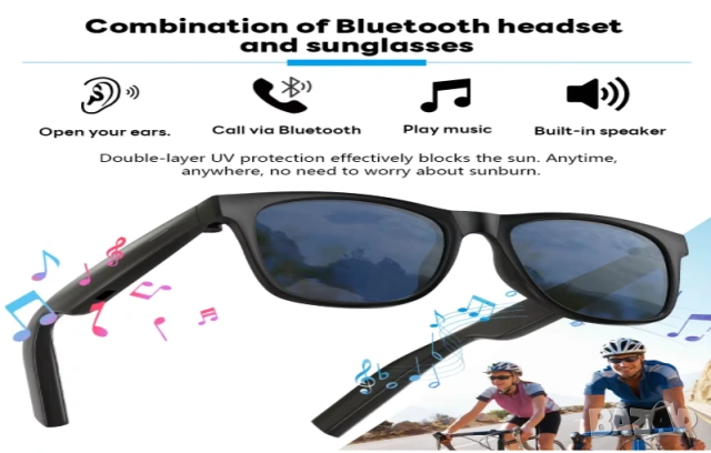 Touch Контрол Хендсфрий Смарт Очила UV Защита Bluetooth5.3 ГласовПреводач ИзкуственИнтелект 2xКолони, снимка 8 - Bluetooth слушалки - 54739515