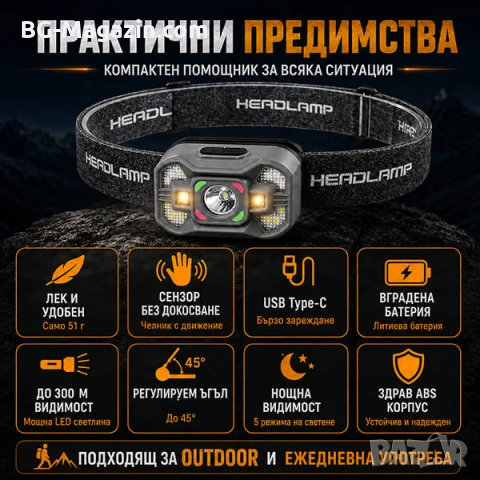 Малък LED акумулаторен челник със сензор USB зареждане фенер за глава бягане риболов къмпинг мощен, снимка 6 - Къмпинг осветление - 51178975