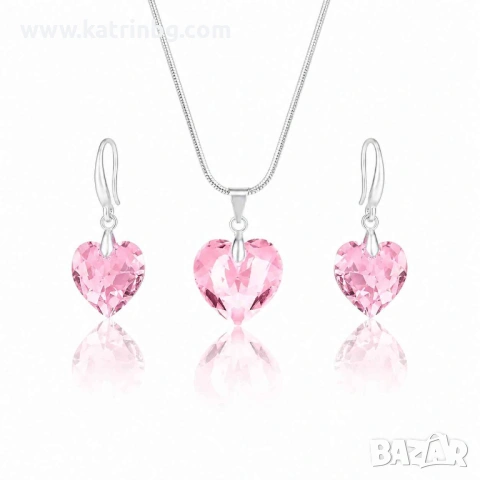 Комплект бижута Swarovski розово колие и висящи обеци сърце, снимка 2 - Бижутерийни комплекти - 54718580