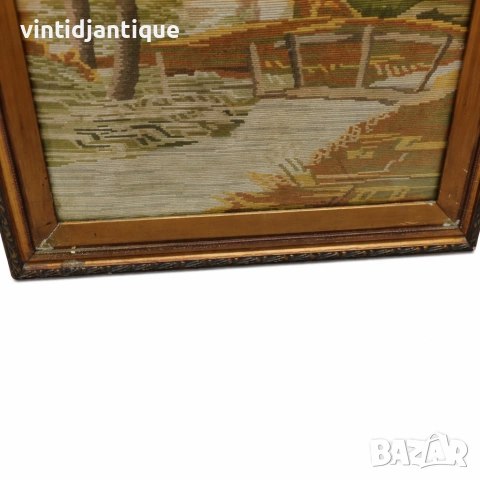 Рамкиран гоблен, изобразяващ идиличен селски пейзаж с къща, снимка 2 - Гоблени - 54113790