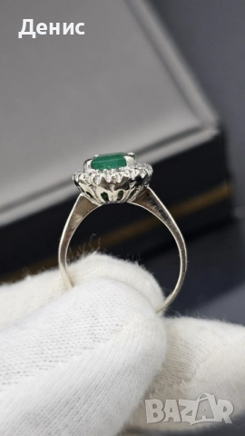 Златен пръстен 18K (750) с естествен изумруд и диаманти | 4.24 гр | Emerald Halo Ring, снимка 4 - Пръстени - 55267016