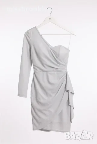 Рокля “Silver Glitter One‑Shoulder” – сребърна брокатена рокля арт.1864, снимка 5 - Рокли - 55671383