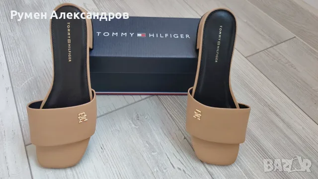 Нови бежови дамски кожени чехли TOMMY HILFIGER FLAT SANDAL EUR38, снимка 11 - Чехли - 55647304