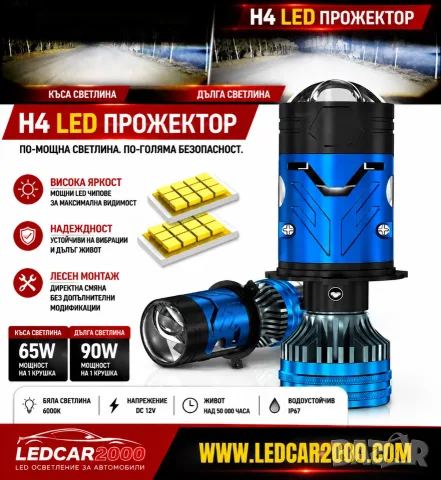 H4 LED ПРОЖЕКТОР С ЛЕЩА – BI LED ТЕХНОЛОГИЯ | 4575 CSP + 1860 CSP LED ЧИПОВЕ