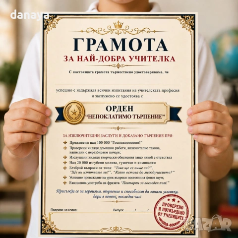 6756 Грамота за най-добра учителка – Забавен и оригинален подарък от класа, А4