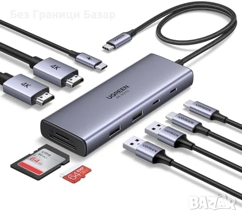 Нов UGREEN Revodok USB-C Хъб 9в1 Два Монитора 4K 60Hz SD TF PD 100W Четец SD TF Карти Докинг Станция