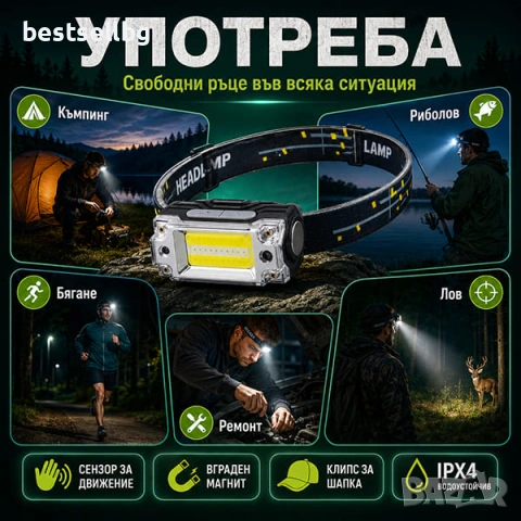 Мощен акумулаторен челник със сензор USB LED фенер за глава къмпинг лов риболов бягане работа, снимка 3 - Къмпинг осветление - 50877966