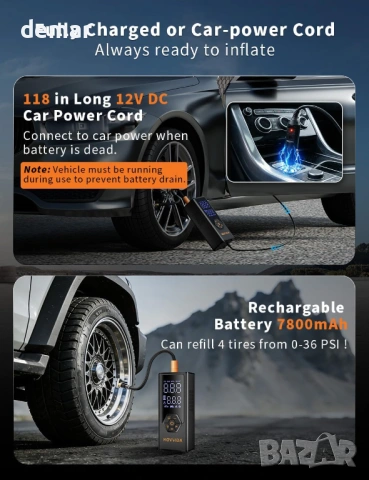 Преносим въздушен компресор за гуми HOVVIDA, 7800 mAh, 12V DC, 150 PSI, дебит 40л/мин, снимка 7 - Аксесоари и консумативи - 54048201