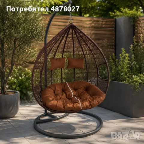 Двойна висяща ратанова люлка тип пашкул с метална рамка и възглавница – стил и комфорт до 200 кг, снимка 6 - Градински мебели, декорация  - 55419565