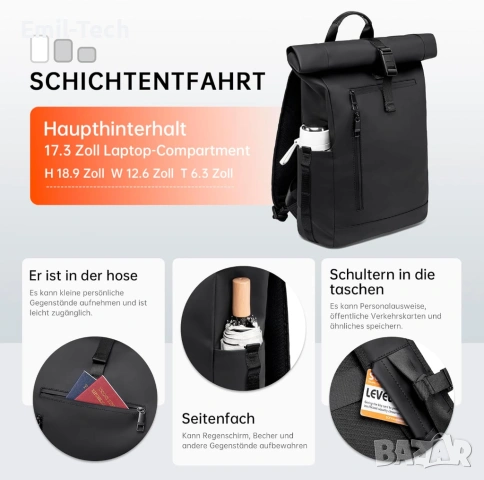Водоустойчива Rolltop раница за лаптоп 16/17" – BJIAX, снимка 3 - Раници - 54874579