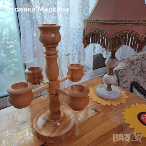 Нов голям дървен свещник за 5 свещи