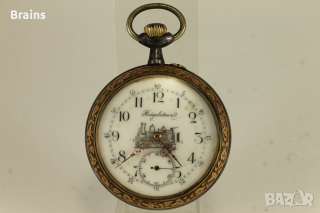 1900's REGULATEUR С Локомотив 68мм Джобен Часовник Декориран, снимка 2 - Джобни - 54894235