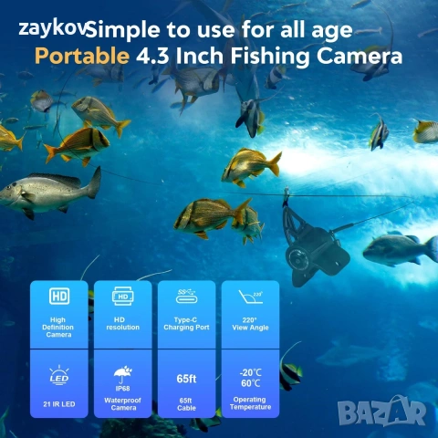 Подводна риболовна камера с 4.3" IPS монитор, 65 фута/20 м кабел, Fish Finder C..., снимка 2 - Камери - 54401478