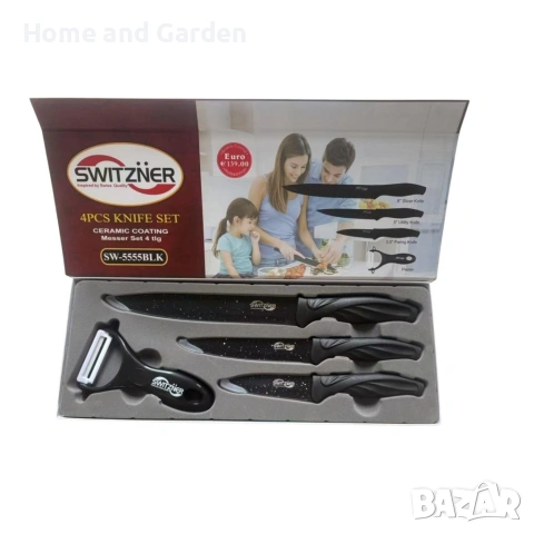 Комплект ножове Switzner от 4 части с керамично покритие и ергономични силиконови дръжки  , снимка 3 - Форми - 54027147