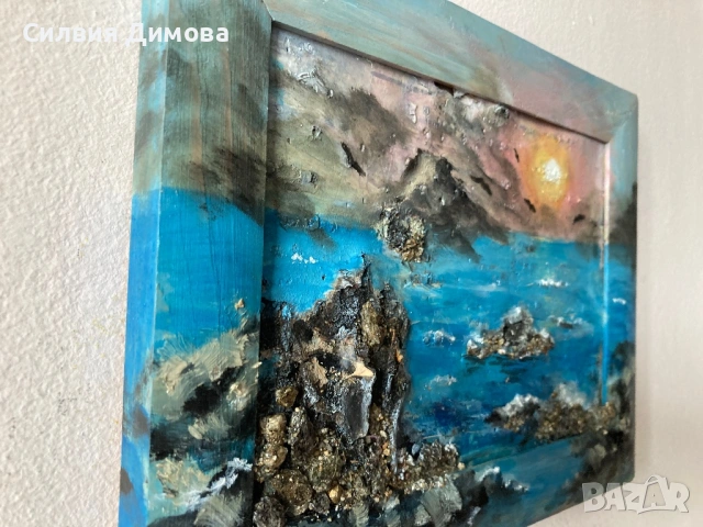 Залез над океана (маслени бои върху кора от бреза), снимка 2 - Картини - 54691057