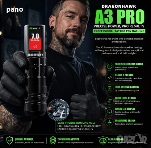 (160€) НОВО Dragonhawk A3 Pro Wireless Tattoo Pen Machine Kit