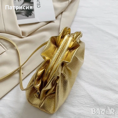 Чисто нова, металическа, елегантна, златна (златиста) клъч чанта с дръжка, която се прибира, снимка 11 - Чанти - 54238626