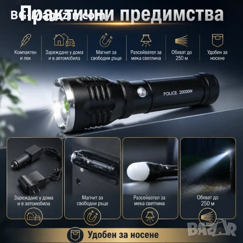 Мощен акумулаторен LED ръчен фенер къмпинг лампа с магнит лед осветление за палатка риболов туризъм, снимка 3 - Къмпинг осветление - 51027769