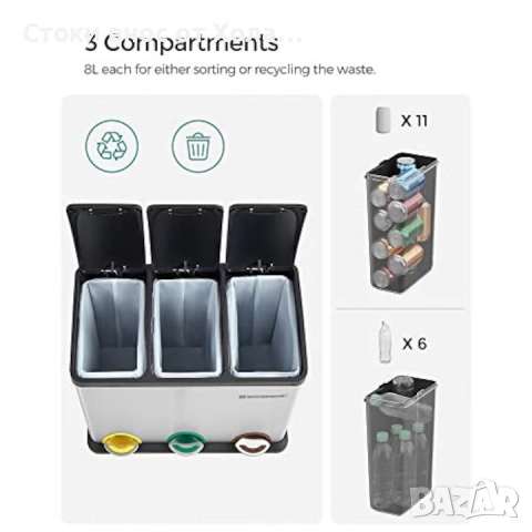 Кош за рециклиране с педали SONGMICS, 3в1, снимка 3 - Други стоки за дома - 54608650