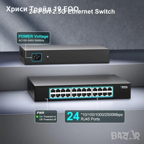 24-портов 2.5G Мрежов Суич GiGaPlus (GP-S25-2400) – Fanless, Метален, снимка 2 - Кабели и адаптери - 54991457