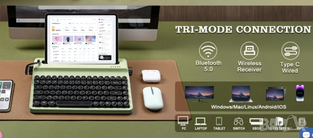 YUNZII QL75 Retro Typewriter Mechanical Keyboard –безжична механична клавиатура в стил пишеща машина, снимка 3 - Клавиатури и мишки - 54556457