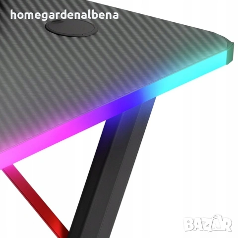 Геймърско бюро 140x60x75 см, RGB LED осветление, карбонов плот, поставка за чаша и слушалки, черно, снимка 5 - Бюра - 54687210