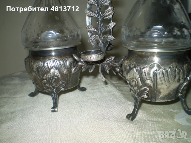 1900 г Масло оцет 2 кристални бутилки посребрена стойка, снимка 5 - Антикварни и старинни предмети - 54930185