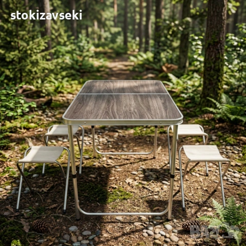 Комплект сгъваема къмпинг маса с 4 стола, регулируема височина, дизайн "куфар" в сив цвят, снимка 10 - Други - 54058299