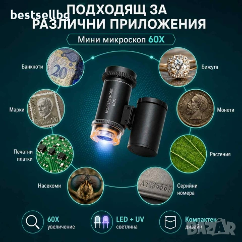 Мини микроскоп 60X с LED и UV светлина за банкноти бижута монети и детайли, снимка 6 - Други инструменти - 29261267