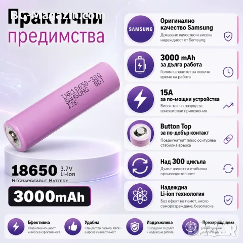 Оригинална качествена презареждаща се батерия Samsung 18650 3000mAh 3.7V презареждаща се за фенр, снимка 4 - Друга електроника - 51102926
