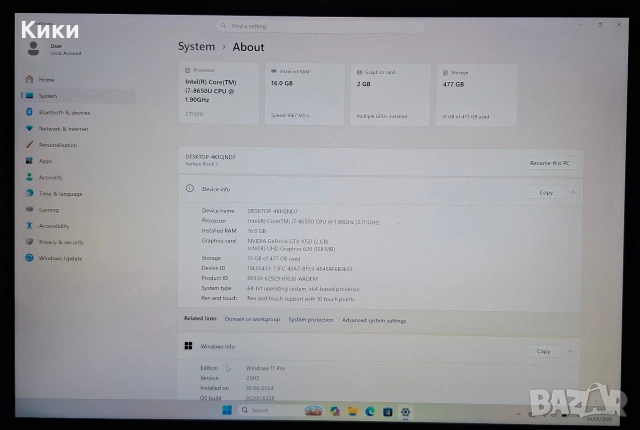 Microsoft Surface Book 2 13,5" 4К i7-8650U 16GB RAM 512GB SSD GTX 1050, снимка 7 - Лаптопи за игри - 54417109