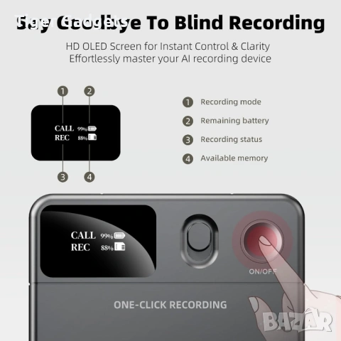 Voicememox GL-101 AI диктофон 64GB Bluetooth ChatGPT транскрипция, снимка 4 - Други - 53982774