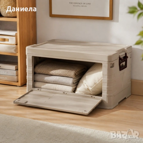 Сгъваема кутия органайзер 55L с капак и странична врата за бърз достъп, бежова, снимка 2 - Други стоки за дома - 54780006