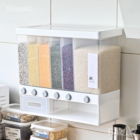 Стенен диспенсър за зърнени храни и ориз с 6 отделения „Cereal Dispenser, снимка 4 - Кутии за храна - 54863451