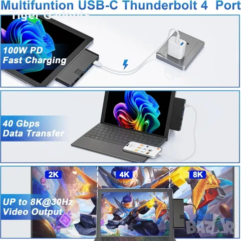 USB-C хъб 8 в 1 за Microsoft Surface Pro 12 (2025) с Thunderbolt 4, HDMI 4K и LAN, снимка 4 - Кабели и адаптери - 55584767