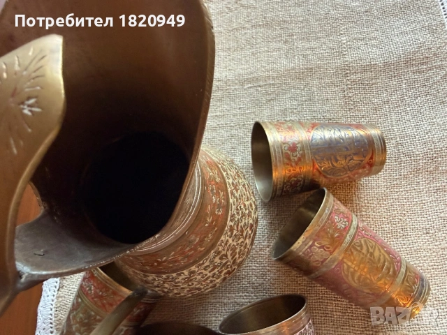 Уникален старинен ориенталски сервиз от месинг (мед 70% и цинк 30%) – кана с 5 чаши, снимка 18 - Други - 54882392