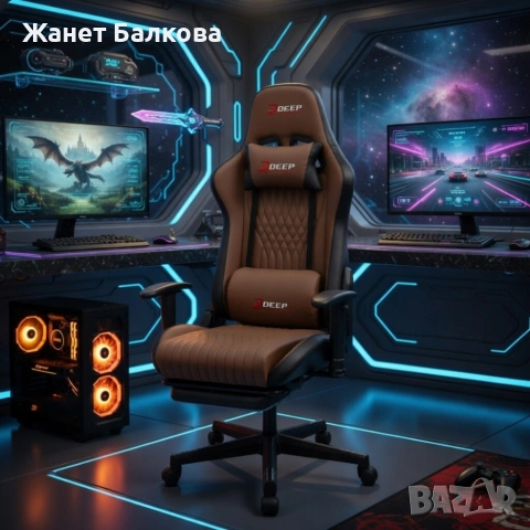Ергономичен кафяв геймърски стол с поставка за крака, регулируема височина и 3D подлакътници, снимка 4 - Столове - 54051603