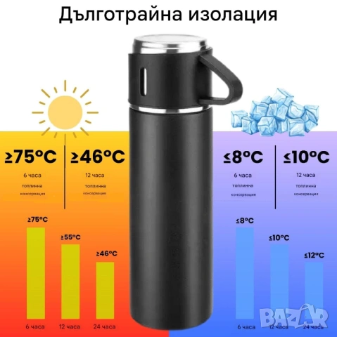Метален термос 500 мл. от неръждаема стомана в комплект с три чаши, снимка 8 - Термоси - 54932536
